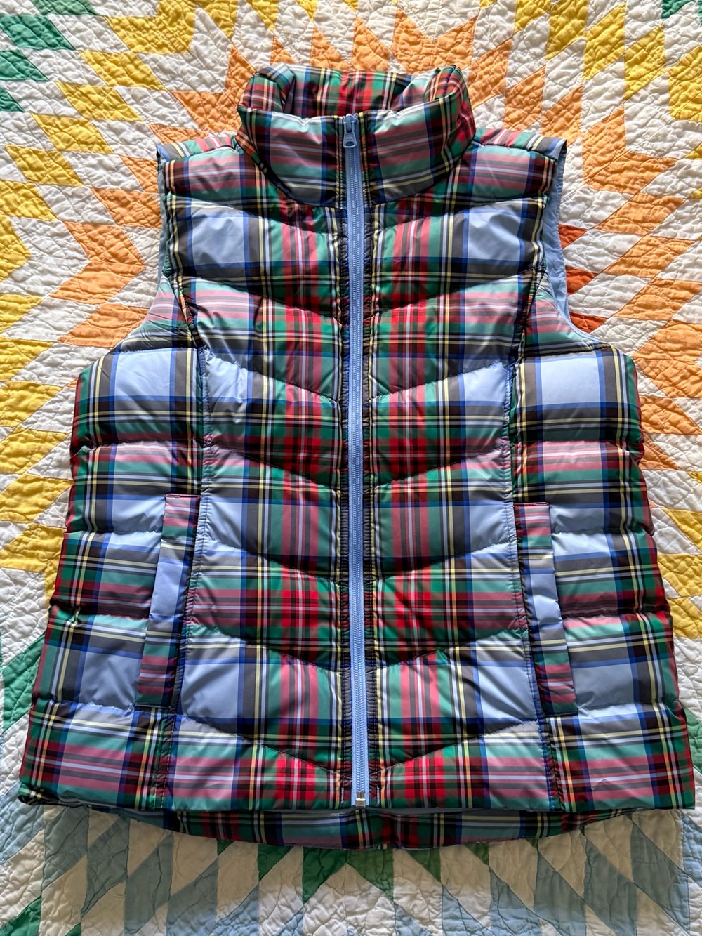 Lands' End Plaid Puffer Vest - Light Blue, Red, Green - size small